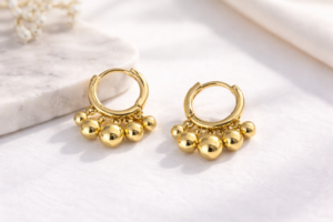 14k gold filled beaded huggie hoop earrings with dangling gold beads