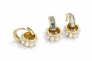 14k gold filled pearl baguette hoop earrings with cubic zirconia and pearl details