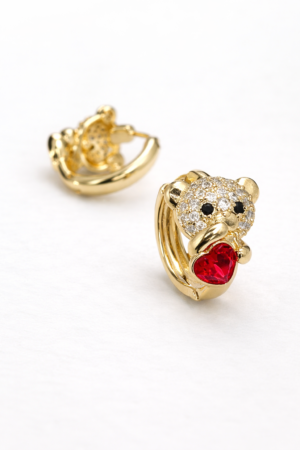 14k gold filled teddy bear huggie earrings with red heart cubic zirconia