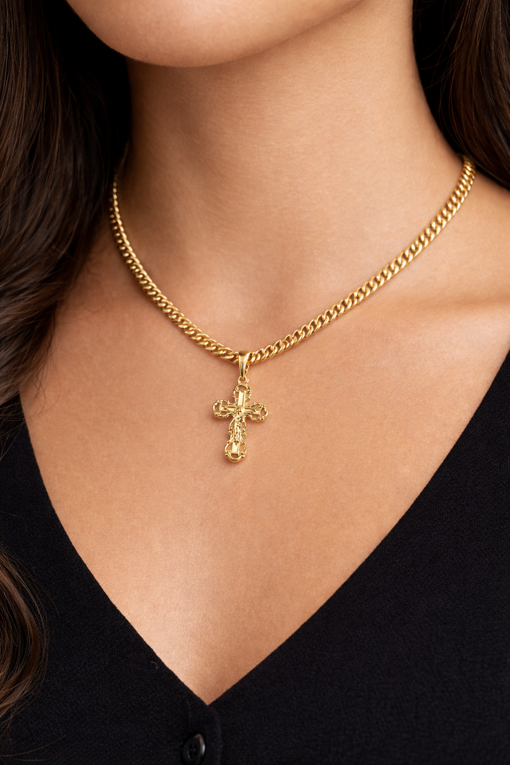 Woman wearing 14K gold filled crucifix pendant necklace