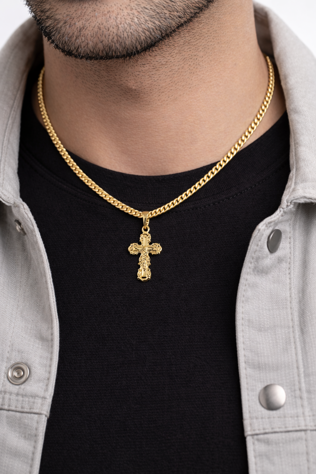 Man wearing 14K gold filled crucifix necklace