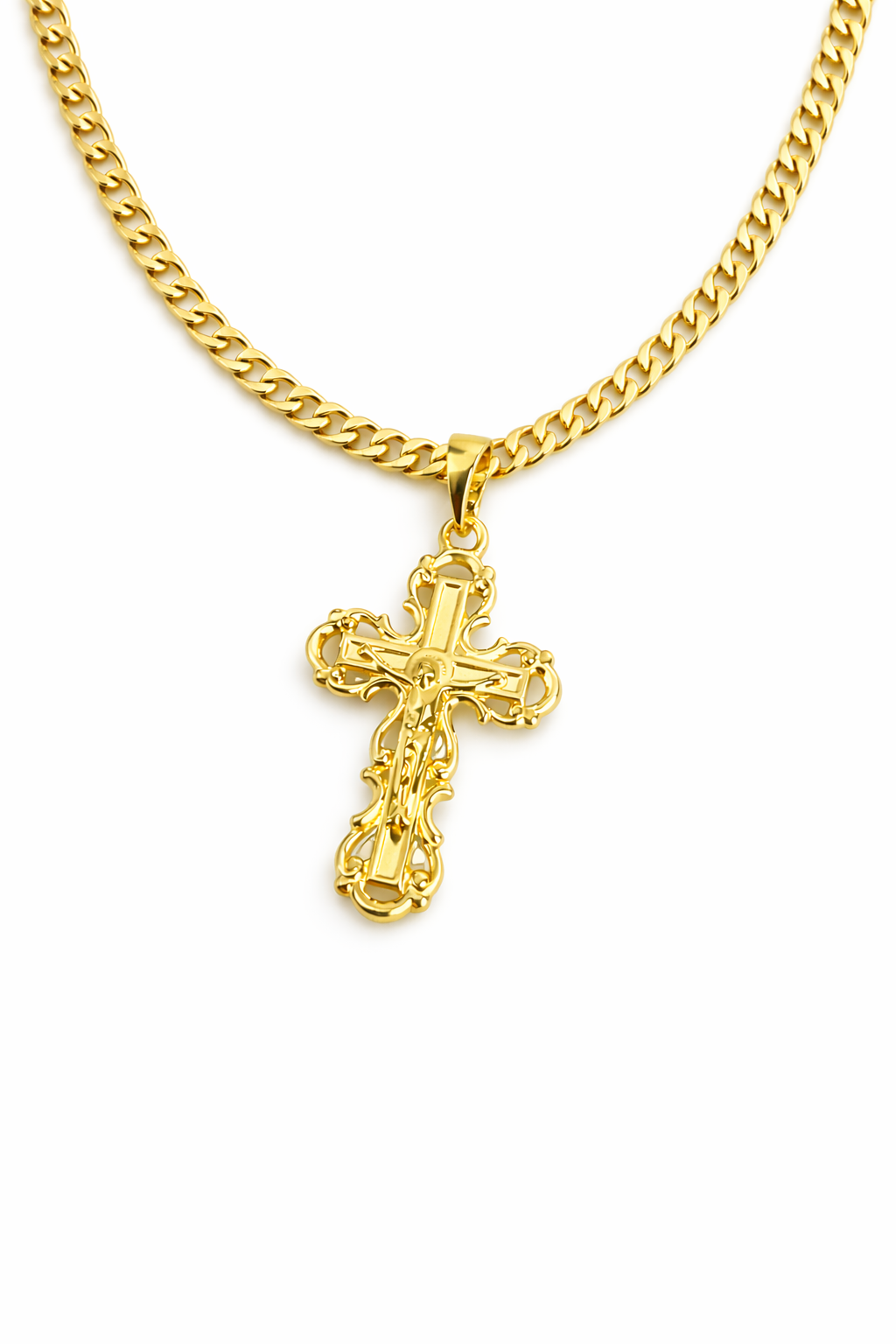 Classic crucifix pendant necklace in 14K gold filled with Cuban chain