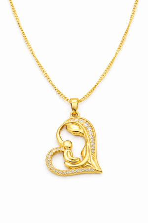 Close up of Mother and Baby Heart Pendant 14K Gold Filled with cubic zirconia