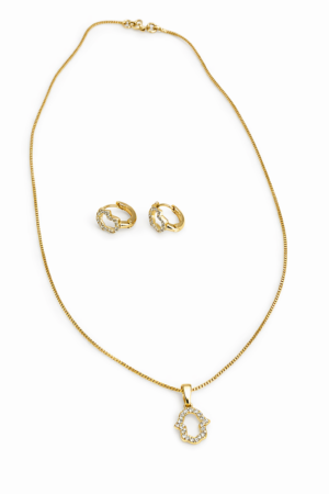 Hamsa baby jewelry set with 35cm chain, gold filled necklace and earrings with zirconia