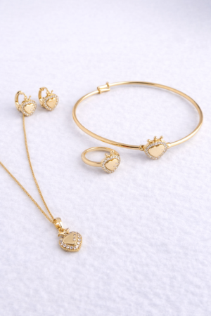 strawberry heart jewelry set with 35cm chain necklace earrings bracelet and ring gold filled with zirconia