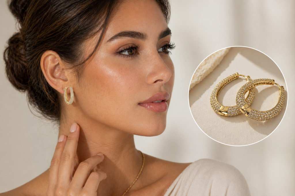 14K gold layered zirconia hoop earrings on model, luxury everyday jewelry