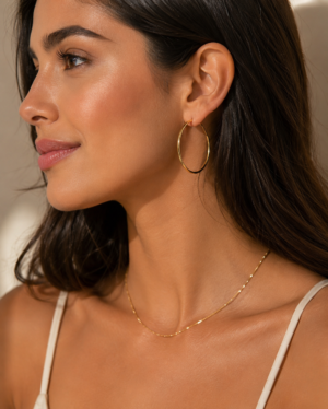 Elegant woman wearing large 14K gold laminated hoop earrings with luxury minimalist style