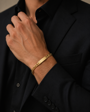 Elegant man wearing 14K gold laminated Cuban ID bracelet 21CM luxury men bracelet