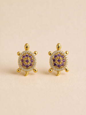 14K Gold Laminated Turtle Earrings with Purple Stones and CZ Details