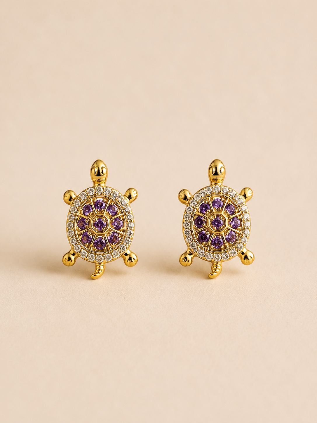 14K Gold Laminated Turtle Earrings with Purple Stones and CZ Details