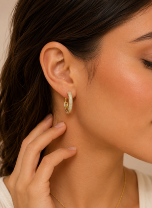14K Gold Laminated Hoop Earrings on model with luxury pavé cubic zirconia