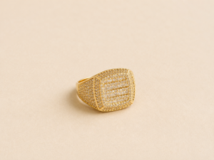 Men’s luxury 14K gold layered square signet ring with cubic zirconia front view